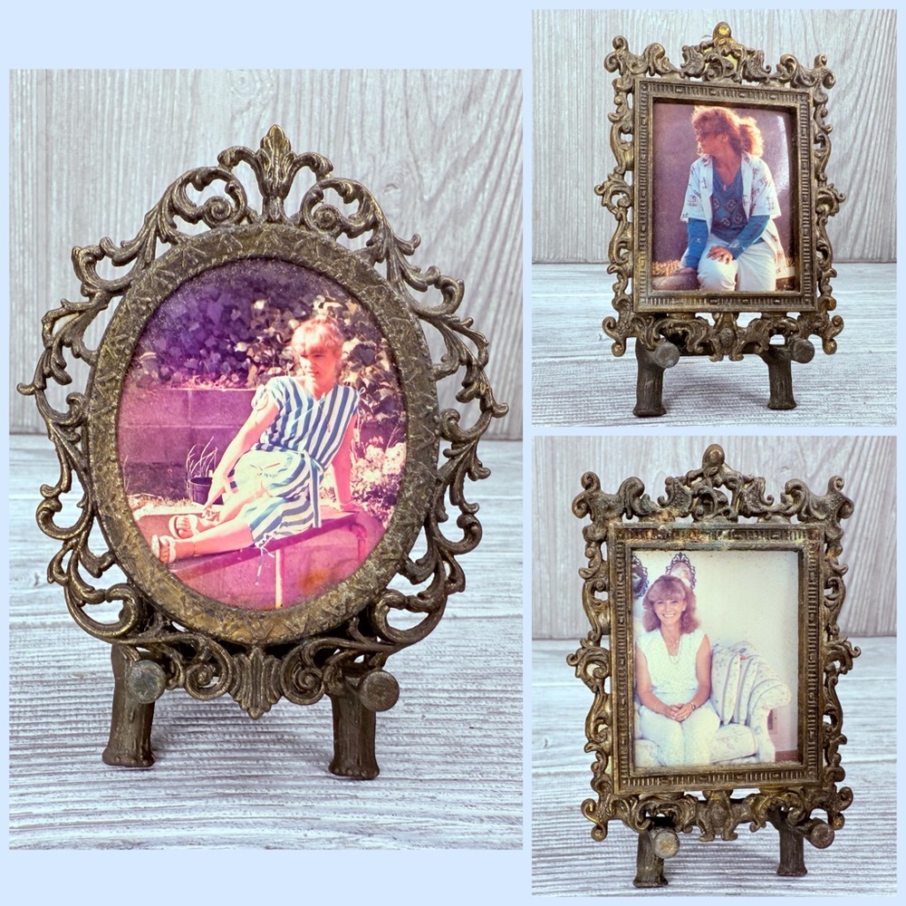 Vintage cat iron mini Italian picture frames Victorian ornate scrolls design